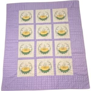 Handmade Floral Patchwork Quilt Lavender & Yellow 1970s Full/Queen 78x93